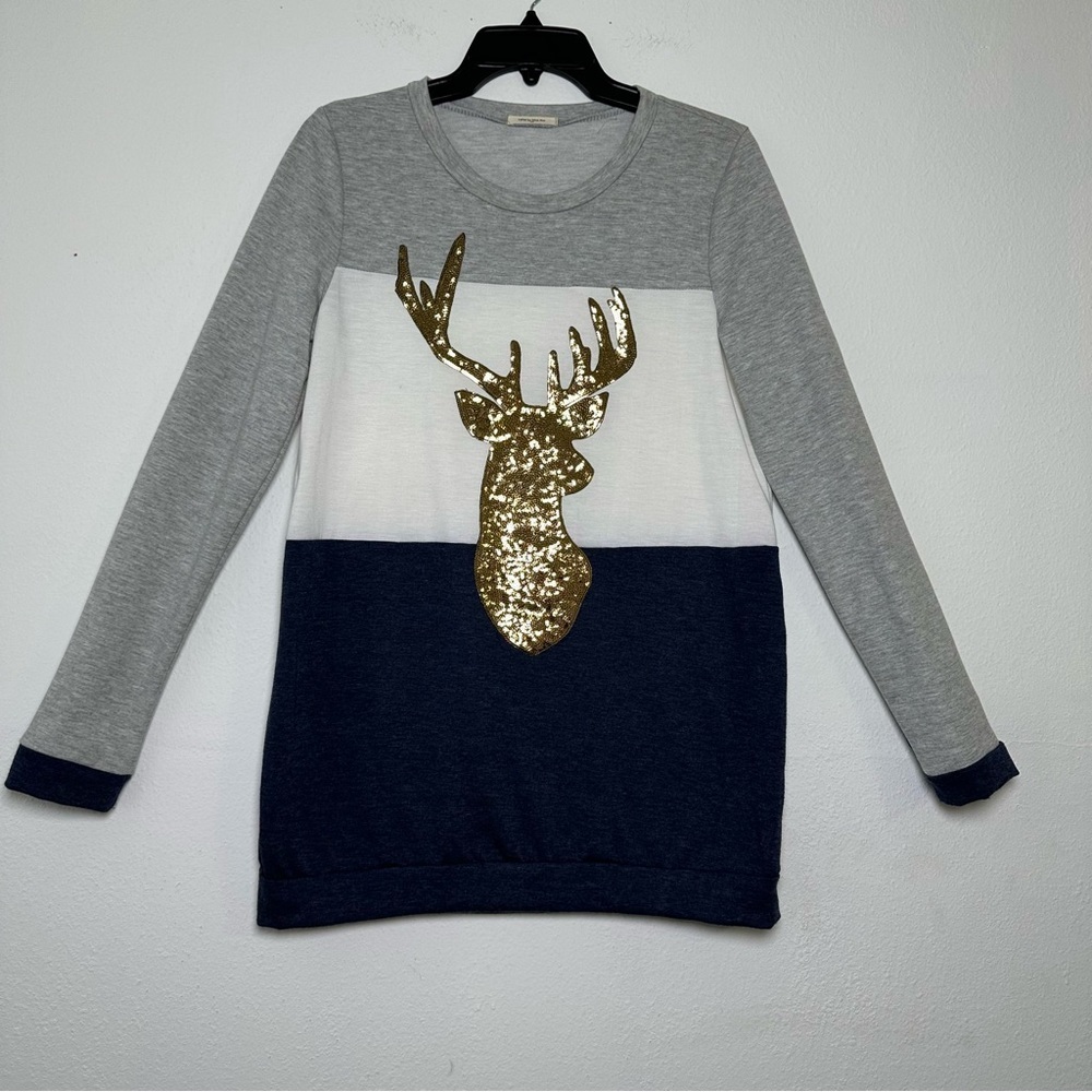 12 Pm By Mon Ami Christmas Sequin Reindeer Color Block Long Sleeve Size M - Picture 2 of 10
